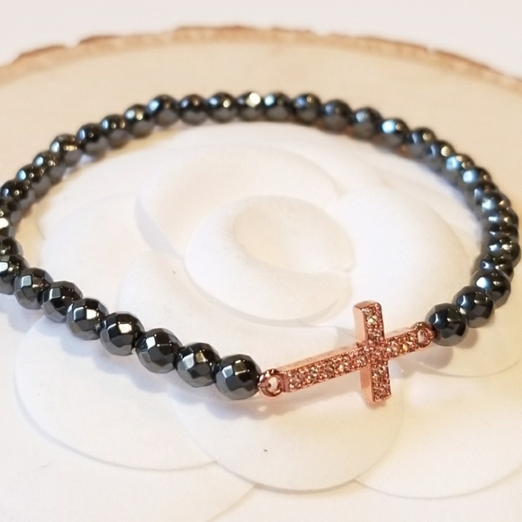 NEW Pave CZ Rose Gold Cross Hematite Bracelet - Picture 3 of 5